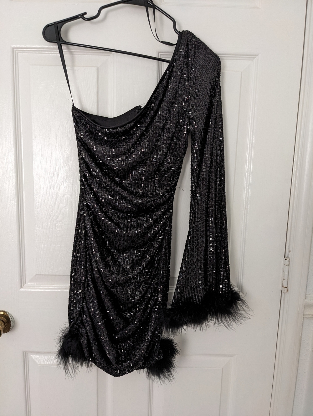 Windsor Black Sequin One-Shoulder Feather Trim Dress